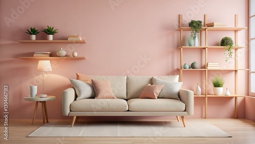 Minimalist Beige Living Room with Pink Accents & Wooden Shelf - Interior Design Stock Photo