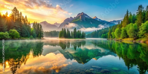 Serene dawn illuminates a breathtaking mountain lake; high-DOF captures peaceful nature's beauty.