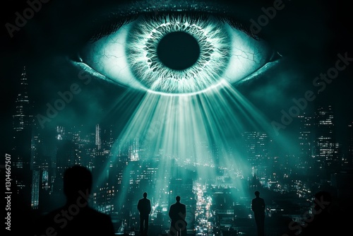 Surreal cityscape illuminated by a giant, glowing eye overseeing silhouetted figures in an eerie and mysterious atmosphere