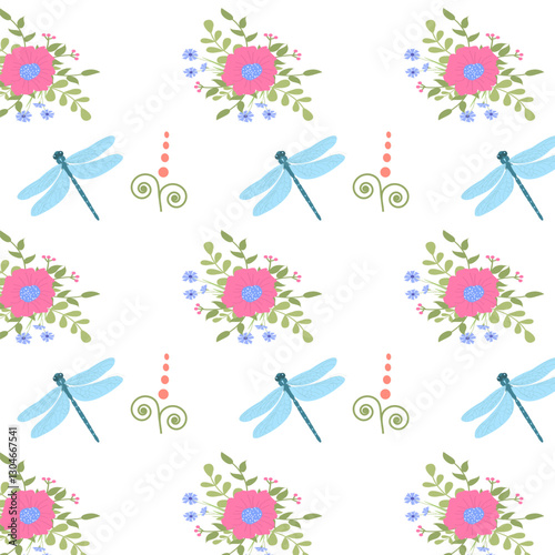 Dragonflies and abstract flowers, seamless pattern for designs, fabrics, packaging, wallpapers and prints on a white background
