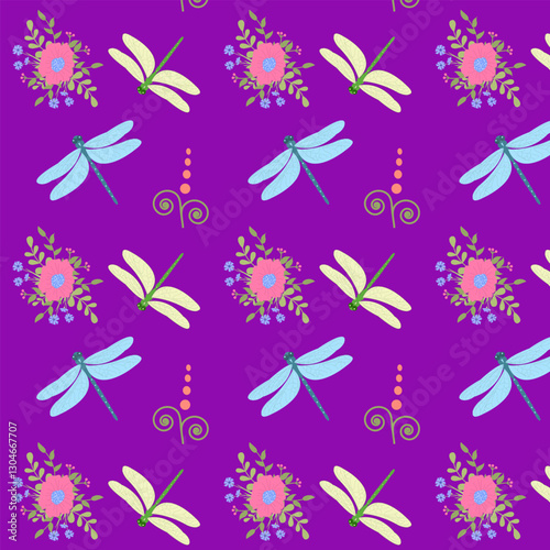Wallpaper Mural Multicolored dragonflies and abstract flowers, seamless vector pattern on a lilac background. Perfect for design, fabrics, packaging, wallpapers and prints. Torontodigital.ca