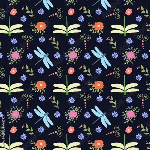 Wallpaper Mural Multicolored dragonflies and abstract flowers, seamless vector pattern on a dark blue background. Perfect for design, fabrics, packaging, wallpapers and prints. Torontodigital.ca