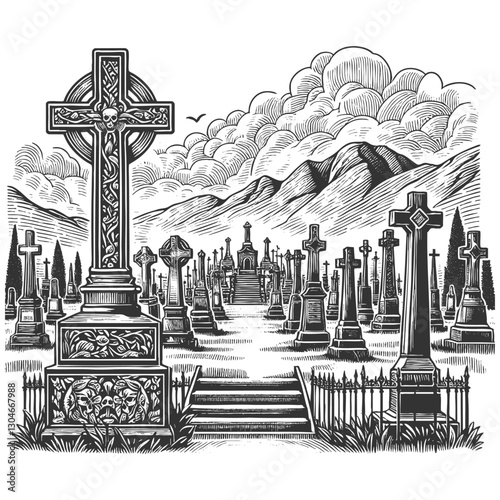 old cemetery with ornate tombstones, crosses, leafless trees, and birds flying overhead sketch engraving generative ai vector illustration. Scratch board imitation. Black and white image.