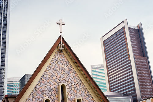 Photography Stone-Front Church Facade Against Modern Skyscraper Urban Architecture