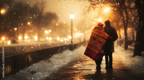 Cozy Winter Evening: A Couple Wrapped in a Blanket Enjoying a Snowy Valentine's Night in a Beautifully Lit City Park