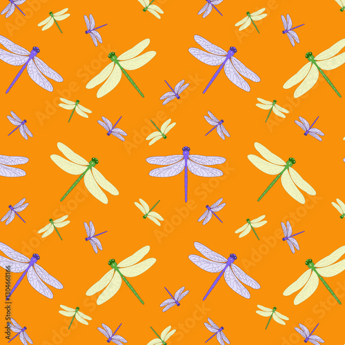 Wallpaper Mural Bright seamless vector pattern. On an orange background fly green and pink dragonflies. Perfect for design, fabrics, packaging, wallpaper and prints. Torontodigital.ca