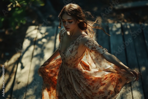 Young woman in light dress twirling on wooden surface with soft light filtering through nature's canopy.