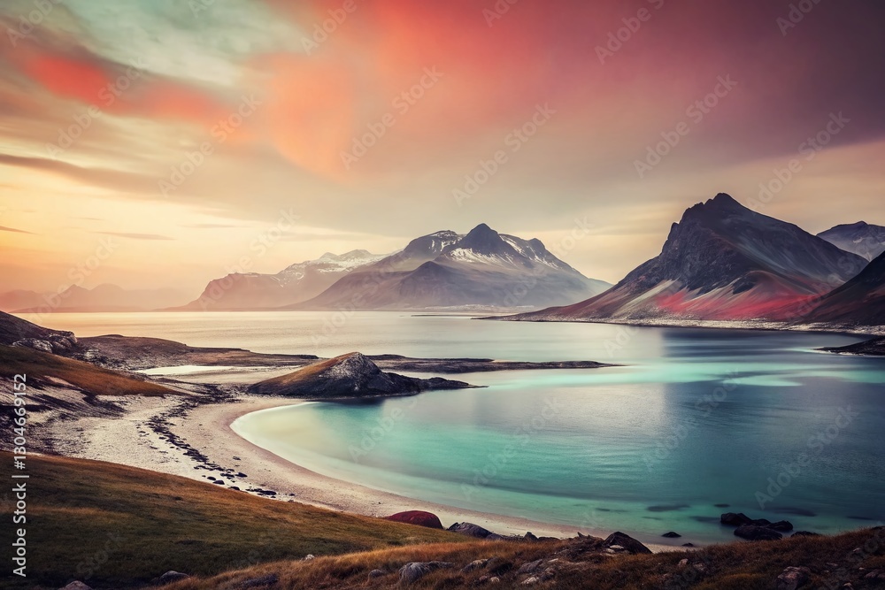 Naklejka premium Minimalist Coastline: Sommaroy Island, Norway - Ornfloya Hiking Trail Panorama