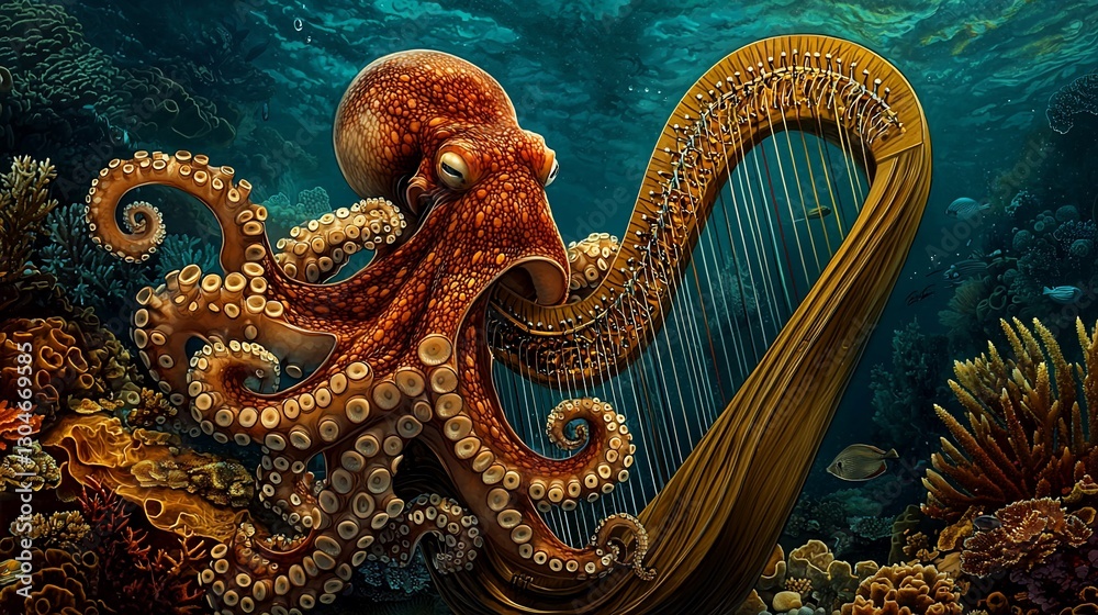 Fototapeta premium Octopus Plays Harp Underwater Reef