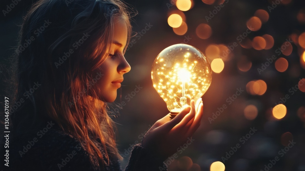 Naklejka premium Girl holds glowing light bulb surrounded by warm bokeh lights at dusk in serene outdoor setting. Generative AI