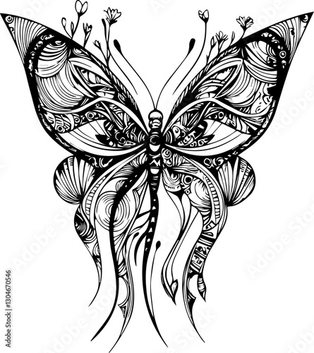 SVG vector features zentangle animal designs. Elegant Butterfly Illustration with Intricate Patterns and Design