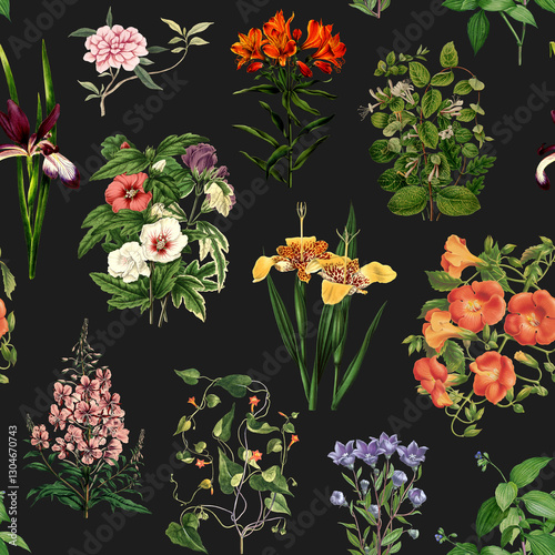 Vintage flowers dark background seamless pattern, colorful ancient flora drawings recolored on black.
