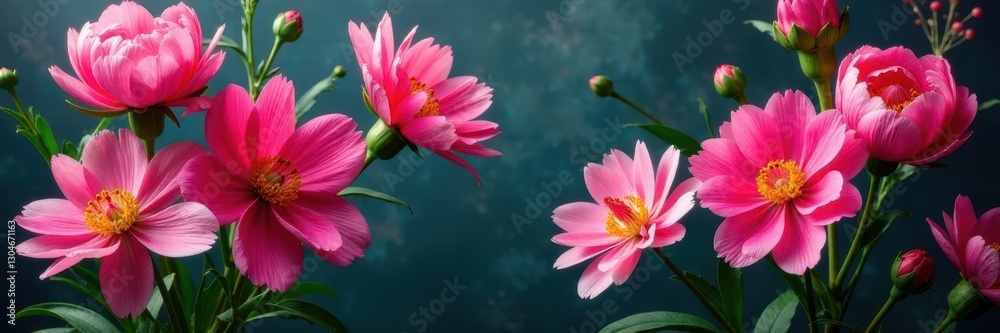 Bold, vibrant peonies and lilies in full bloom, covering room's walls , wooden floor, interior design Bold, vibrant peonies and lilies in full bloom, covering room's walls , wooden floor, interior design