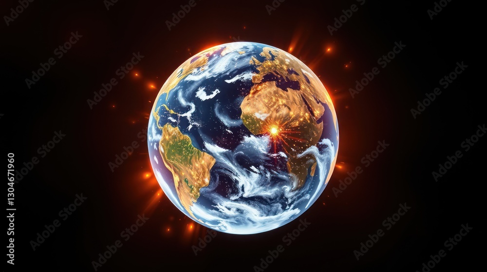 Naklejka premium Earth with Orange Lights and Atmosphere Against a Black Background