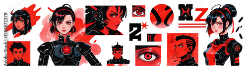 Anime watercolor dynamic stylish cyberpunk banner. Future. Abstract design elements, patterns, inscriptions, figures of women, faces, eyes. Vector black and red illustration. White background.