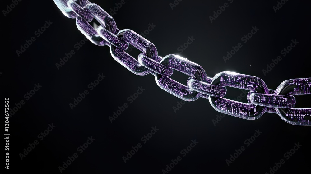 3D purple chain with binary code on a black background, illustrating AI enabled blockchain and cyber security in crypto technology 3D purple chain with binary code on a black background, illustrating AI enabled blockchain and cyber security in crypto technology