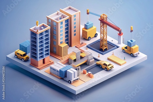 Minimalist Isometric Construction Site: Stages of Building Project photo