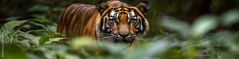 Fototapeta premium A tiger prowls through lush green foliage, its eyes focused intently. Concept of wildlife and nature. For animal-themed projects or educational material.