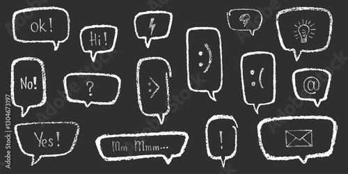 Oval and square chalk, crayon hand drawing speech bubble set. Vector stock grunge texture illustration on black chalkboard background for design template business presentation, school education.