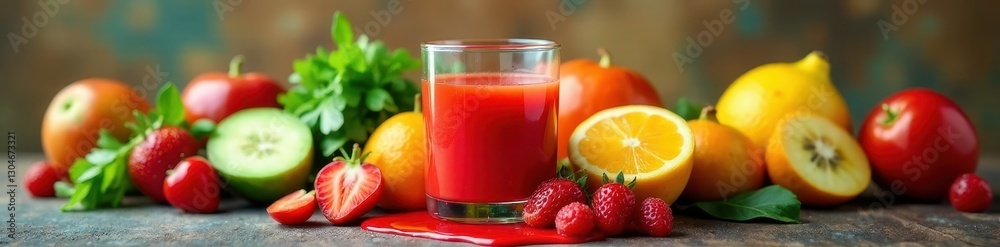 Glass of juice, surrounded by colorful produce spill , healthy, composition, detail Glass of juice, surrounded by colorful produce spill , healthy, composition, detail