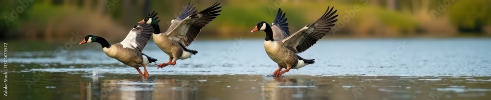 Honking geese landing on calm farm pond water, wildlife, flight Honking geese landing on calm farm pond water, wildlife, flight