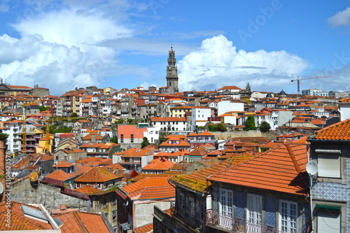 Panorama of Porto with the Clerigos Tower (Torre dos Clérigos) standing out against the city skyline. Historic center of Porto is a UNESCO World Heritage Site, one of the most beautiful in Portugal