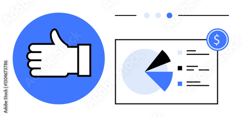 Thumbs-up icon beside pie chart with financial data highlights success, profit, or business growth. Ideal for business performance, success, analytics, marketing, finance approval economy. Flat