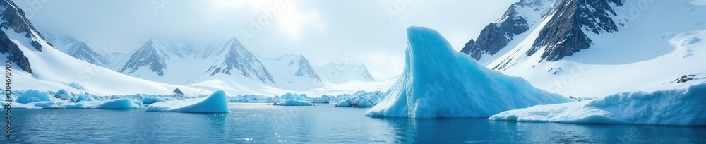Massive icebergs drift, towering snow-covered mountains loom , blue, ice, breathtaking Massive icebergs drift, towering snow-covered mountains loom , blue, ice, breathtaking