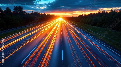 A vibrant sunset illuminates a busy highway, showcasing dynamic light trails from cars in motion, reflecting energy and movement. Copy space, commercial use