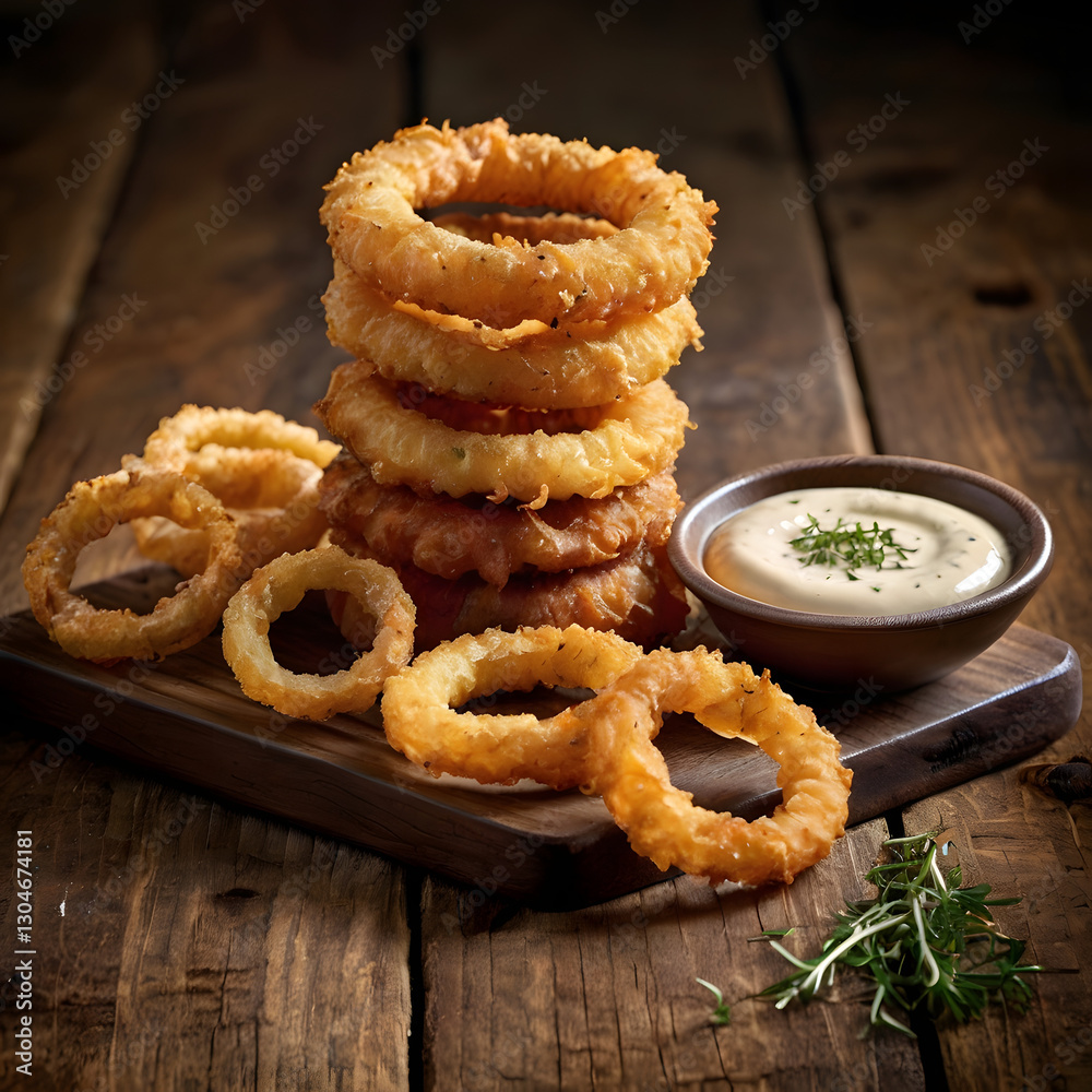 Stack of Crispy Onion Rings on a Wooden Board
Stack of Crispy Onion Rings on a Wooden Board