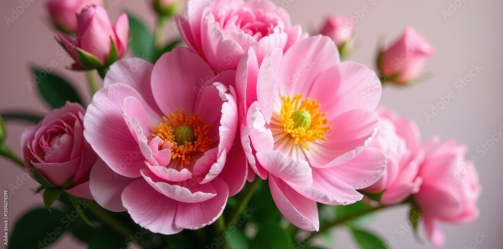 Pink peonies and roses bouquet Abundant blooms, copy space , abundant, close up
