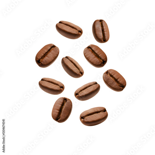 Coffee beans floating in mid-air, showcasing their rich brown tones and textured surfaces, isolated on a transparent backdrop