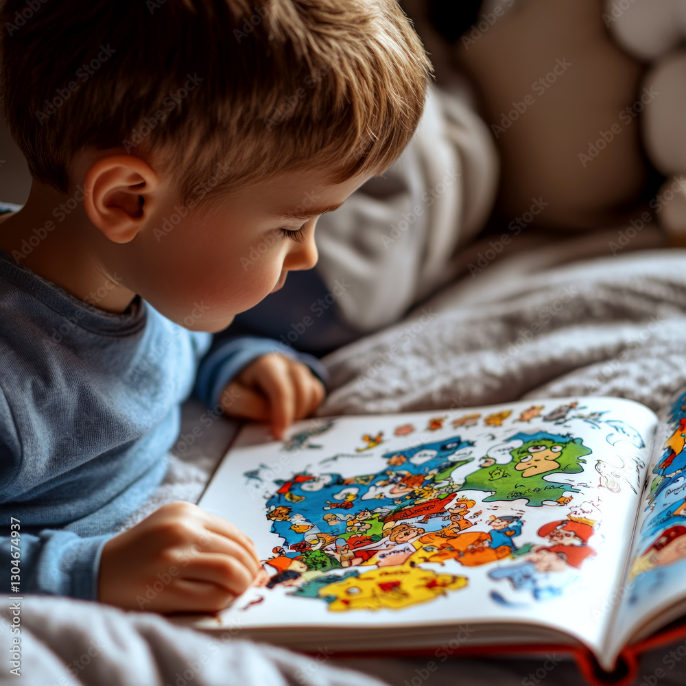 Young child lying on a bed engrossed in a colorful book, featuring various illustrations. Concept of childhood curiosity and learning. For education themes. Young child lying on a bed engrossed in a colorful book, featuring various illustrations. Concept of childhood curiosity and learning. For education themes.