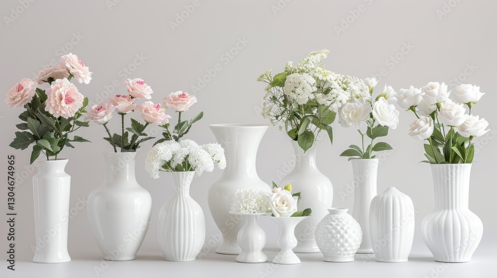 Fototapeta premium White Vases: Clean, classic, and refined, these vases offer a perfect pairing for flowers, adding grace and elegance to your decor with their timeless appeal. 