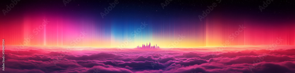 Obraz premium City skyline emerges through vibrant, multicolored clouds under a dark sky. Concept of fantasy, mystery, and futuristic landscapes. For digital art backgrounds.