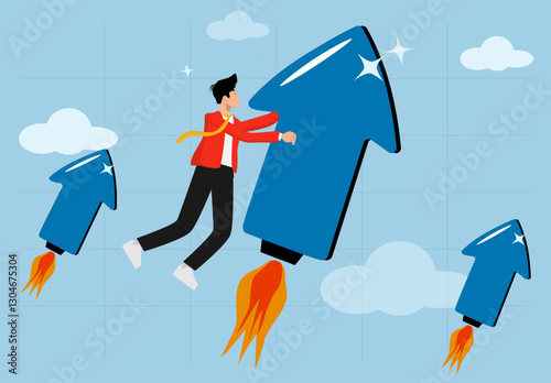 Financial growth boost profit bisnis, young man holding arrow rockets upwards.