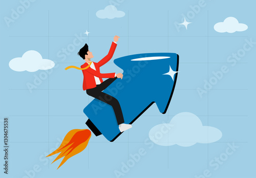 Investment growth boosting profit earning, boosting growth, growing fast, launching a start-up project or improvement concept, Young man riding an arrow flying upwards.