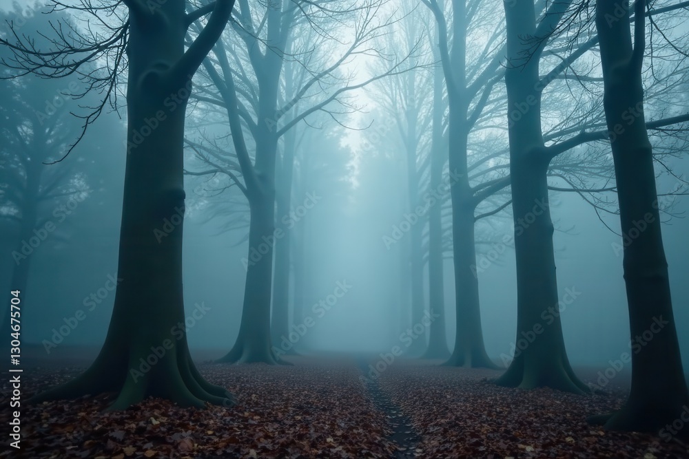 Thick fog weaves between slender tree trunks, creating ghostly shapes , surreal, creepy