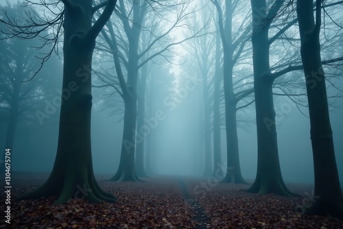 Obraz na płótnie Thick fog weaves between slender tree trunks, creating ghostly shapes , surreal, creepy w salonie