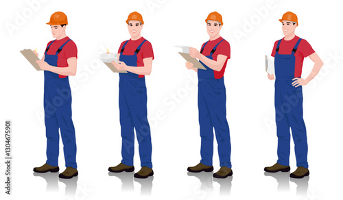 Construction worker in different poses holding documents and clipboard. Professional male builder wearing a safety helmet, t-shirt, and blue overalls. Vector flat style illustration isolated on white