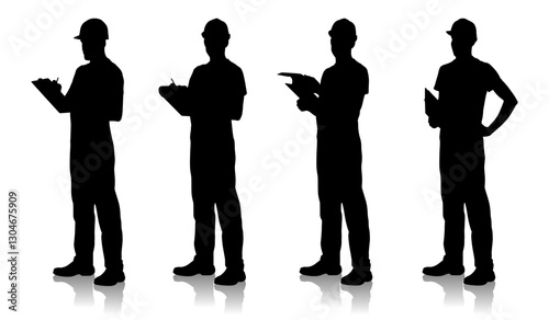 Silhouettes of Construction worker in different poses holding documents and clipboard. Male builder wearing a safety helmet, t-shirt, and overalls. Vector flat style illustration isolated on white