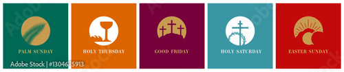 Holy Week icons set for Easter Sunday holiday poster. Palm Sunday, Holy Thursday, Good Friday, Holy Saturday christian vector concept. Palm branch, cup and bread, Calvary, cross and thorns, open tomb