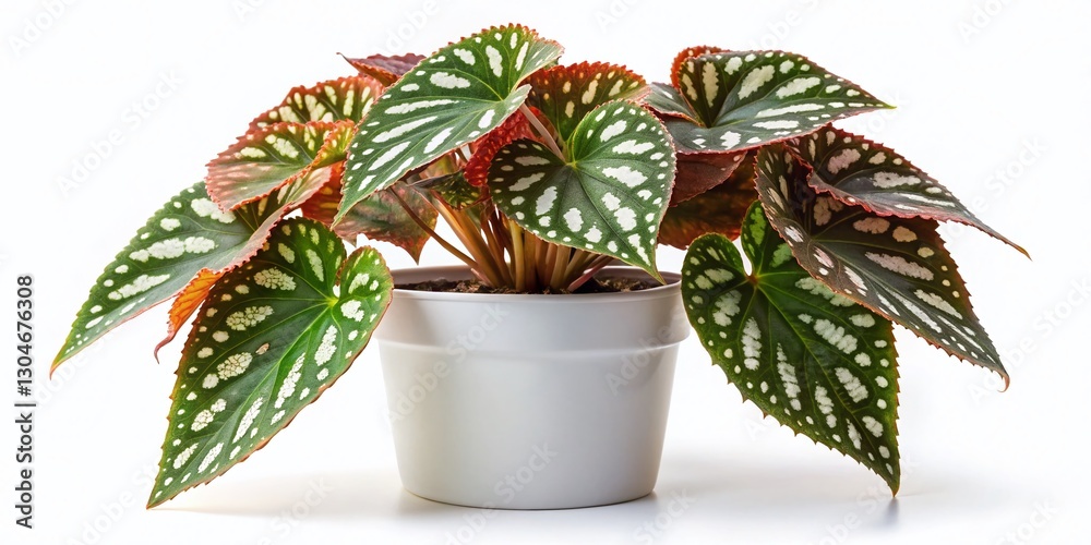 Obraz premium Minimalist Polka Dot Begonia in White Pot – White Background Stock Photo