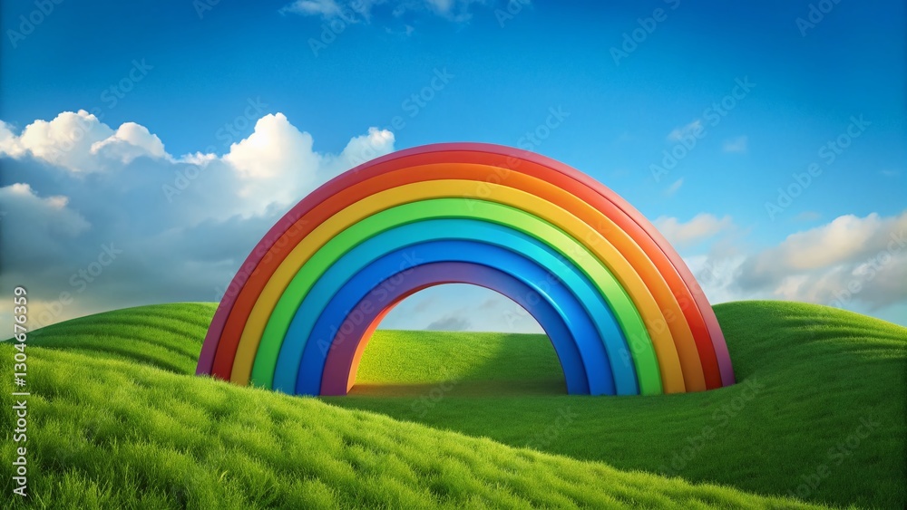 Minimalist Rainbow Arch Over Rolling Green Hill - Picturesque Landscape Minimalist Rainbow Arch Over Rolling Green Hill - Picturesque Landscape