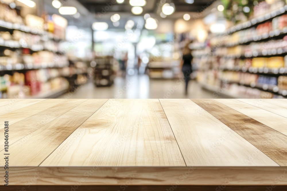 Elegant Wooden Table in Busy Store Environment with Soft Blurred Background Elegant Wooden Table in Busy Store Environment with Soft Blurred Background