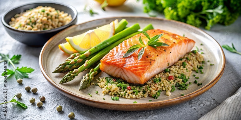 Minimalist Salmon Dinner: Fillet, Asparagus, Quinoa & Lemon Minimalist Salmon Dinner: Fillet, Asparagus, Quinoa & Lemon