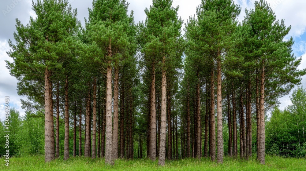 Fototapeta premium Uniform Row of Tall Pine Trees Under a Cloudy Sky