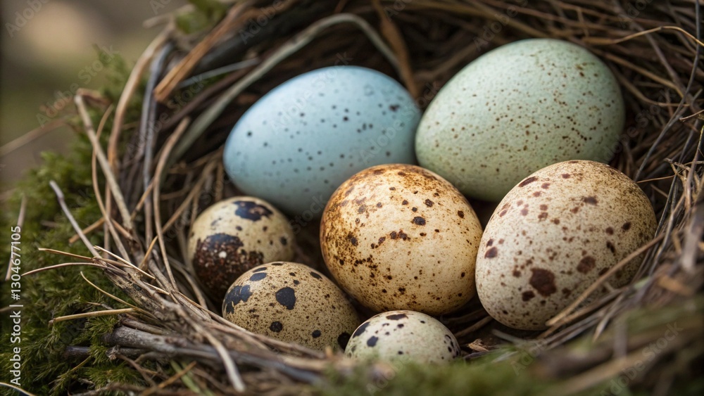 Nest with mixed eggs: quail eggs and larger speckled bird eggs.
Nest with mixed eggs: quail eggs and larger speckled bird eggs.