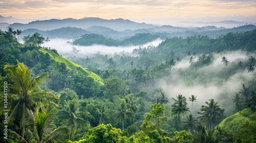 Obraz premium Misty morning in lush green tropical mountain valley.