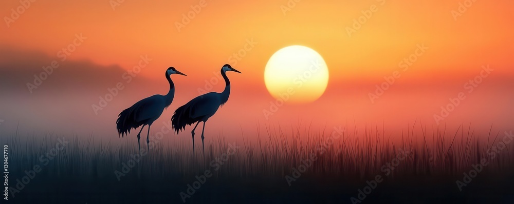 Fototapeta premium Foggy scene of a wetland at dawn, with faint silhouettes of cranes among the reeds, creating a mystical atmosphere